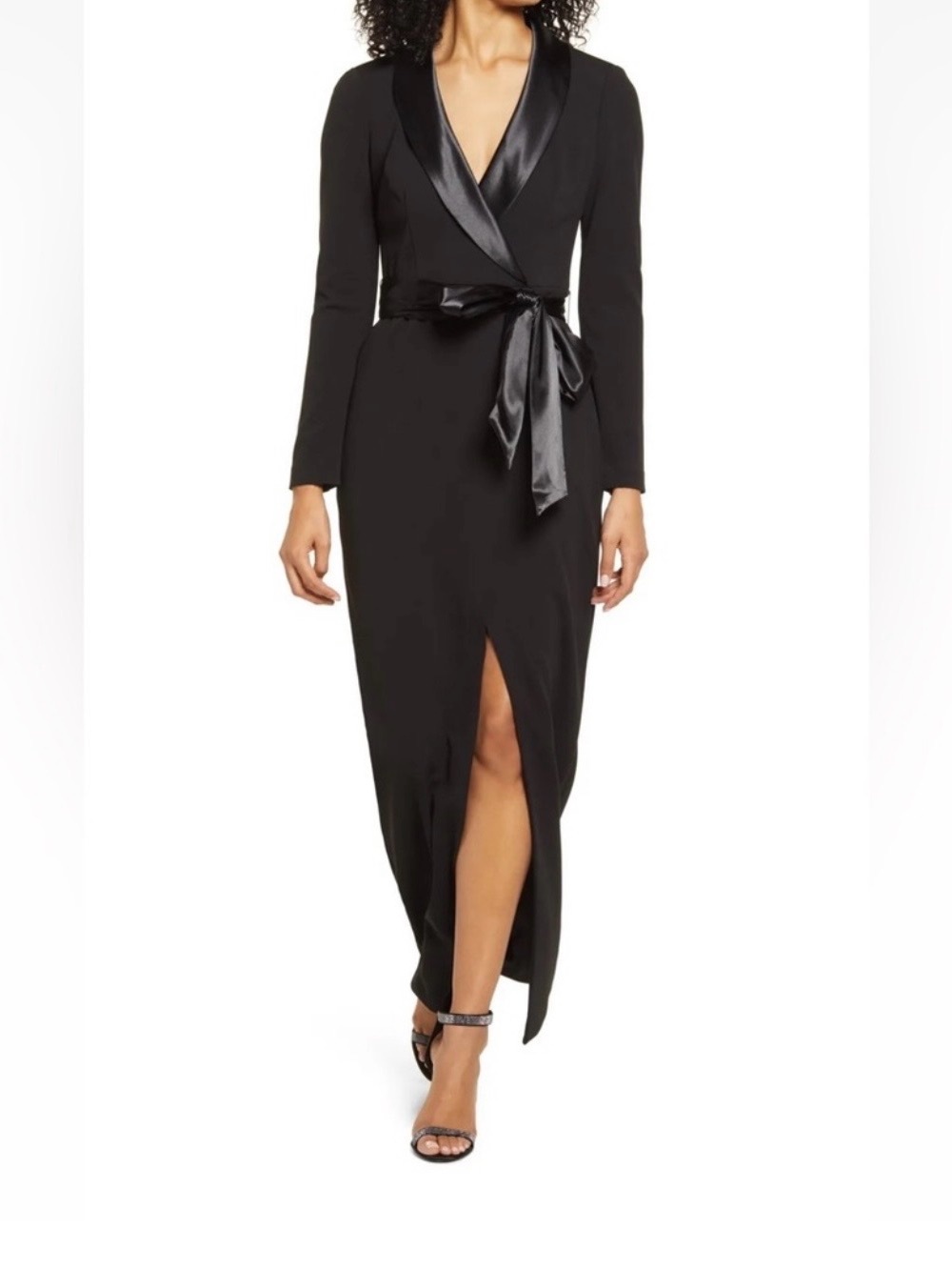 Eliza J Black Satin-Trim Wrap Tuxedo Dress - worn once